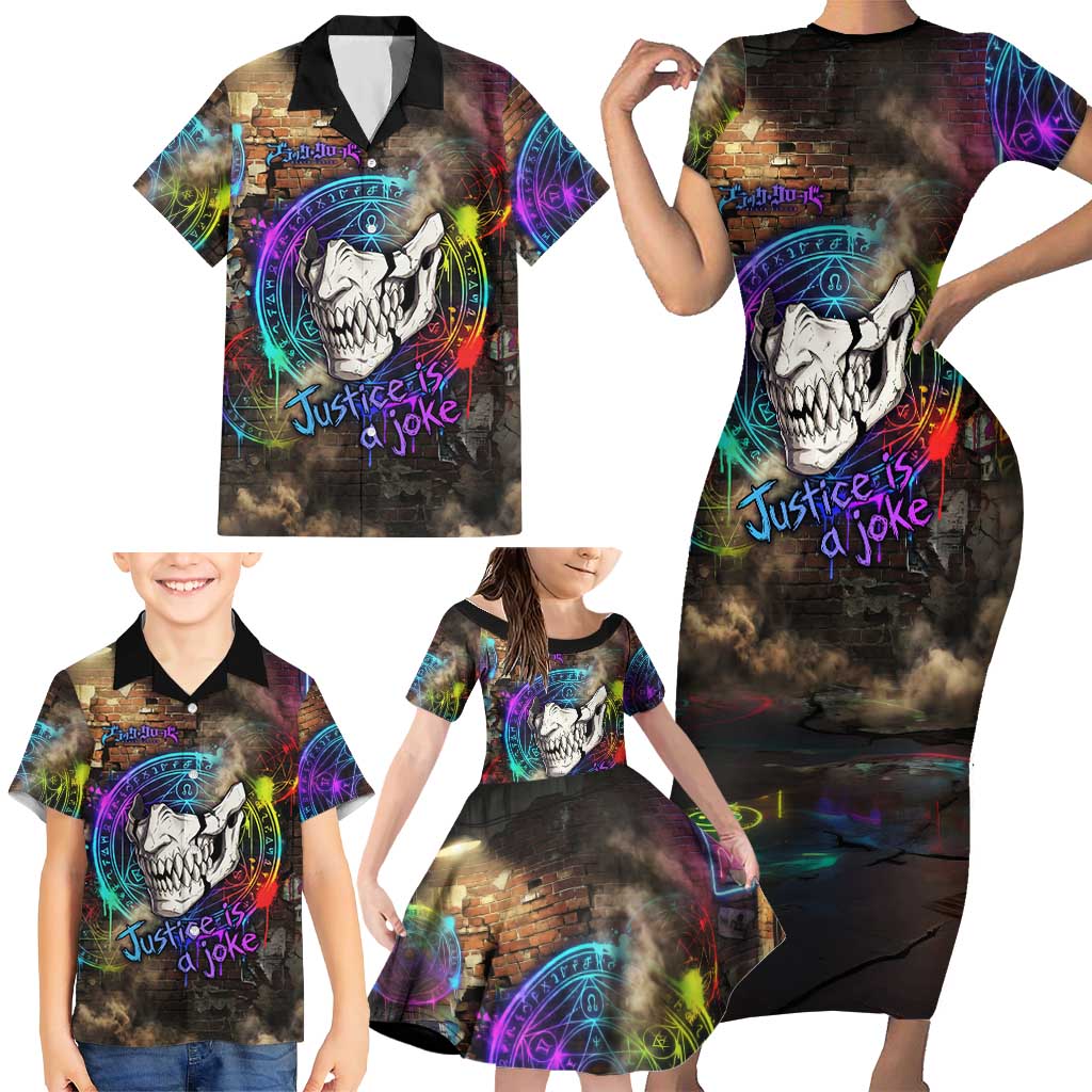 Zara Ideale Black Clover Family Matching Short Sleeve Bodycon Dress and Hawaiian Shirt Graffiti Magic Circle Style with Urban Grunge Aesthetic