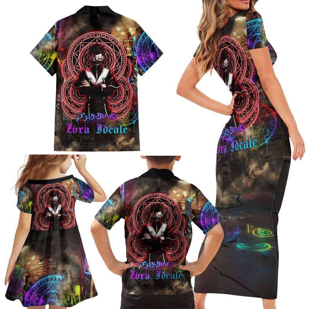 Zara Ideale Black Clover Family Matching Short Sleeve Bodycon Dress and Hawaiian Shirt Graffiti Magic Circle Style with Urban Grunge Aesthetic
