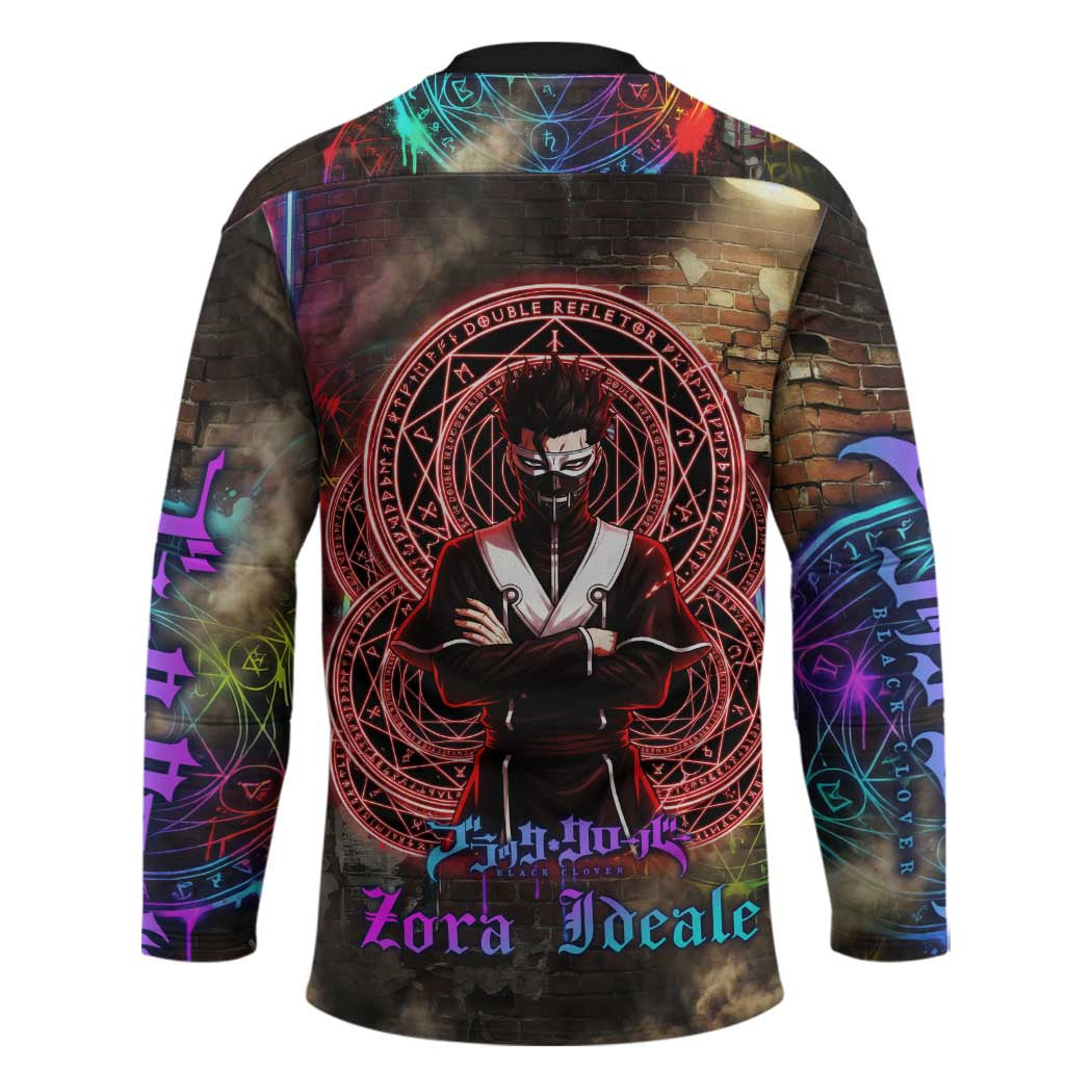 Zara Ideale Black Clover Hockey Jersey Graffiti Magic Circle Style with Urban Grunge Aesthetic