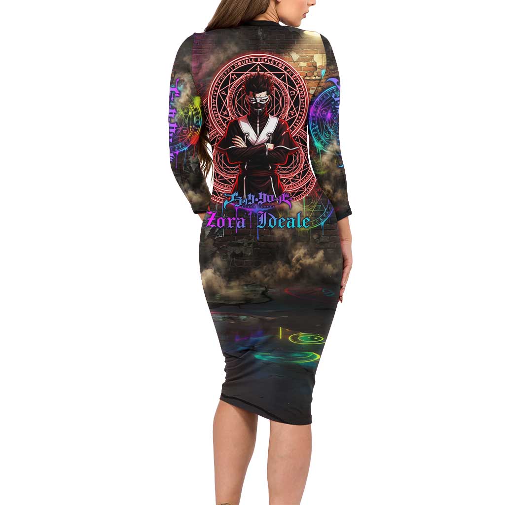 Zara Ideale Black Clover Long Sleeve Bodycon Dress Graffiti Magic Circle Style with Urban Grunge Aesthetic