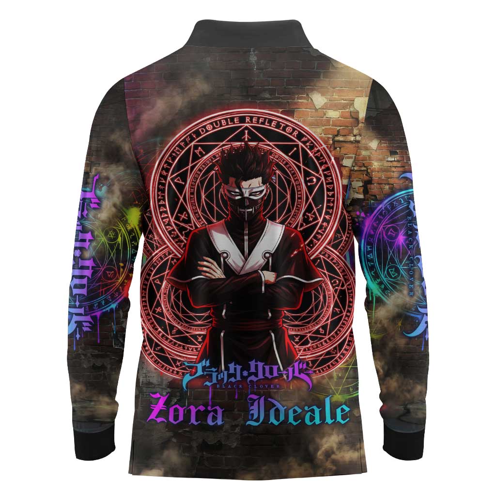 Zara Ideale Black Clover Long Sleeve Polo Shirt Graffiti Magic Circle Style with Urban Grunge Aesthetic