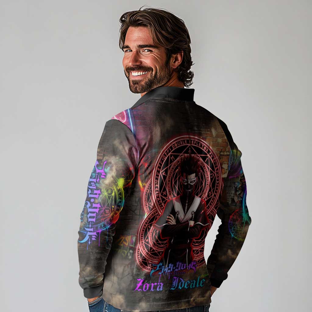 Zara Ideale Black Clover Long Sleeve Polo Shirt Graffiti Magic Circle Style with Urban Grunge Aesthetic