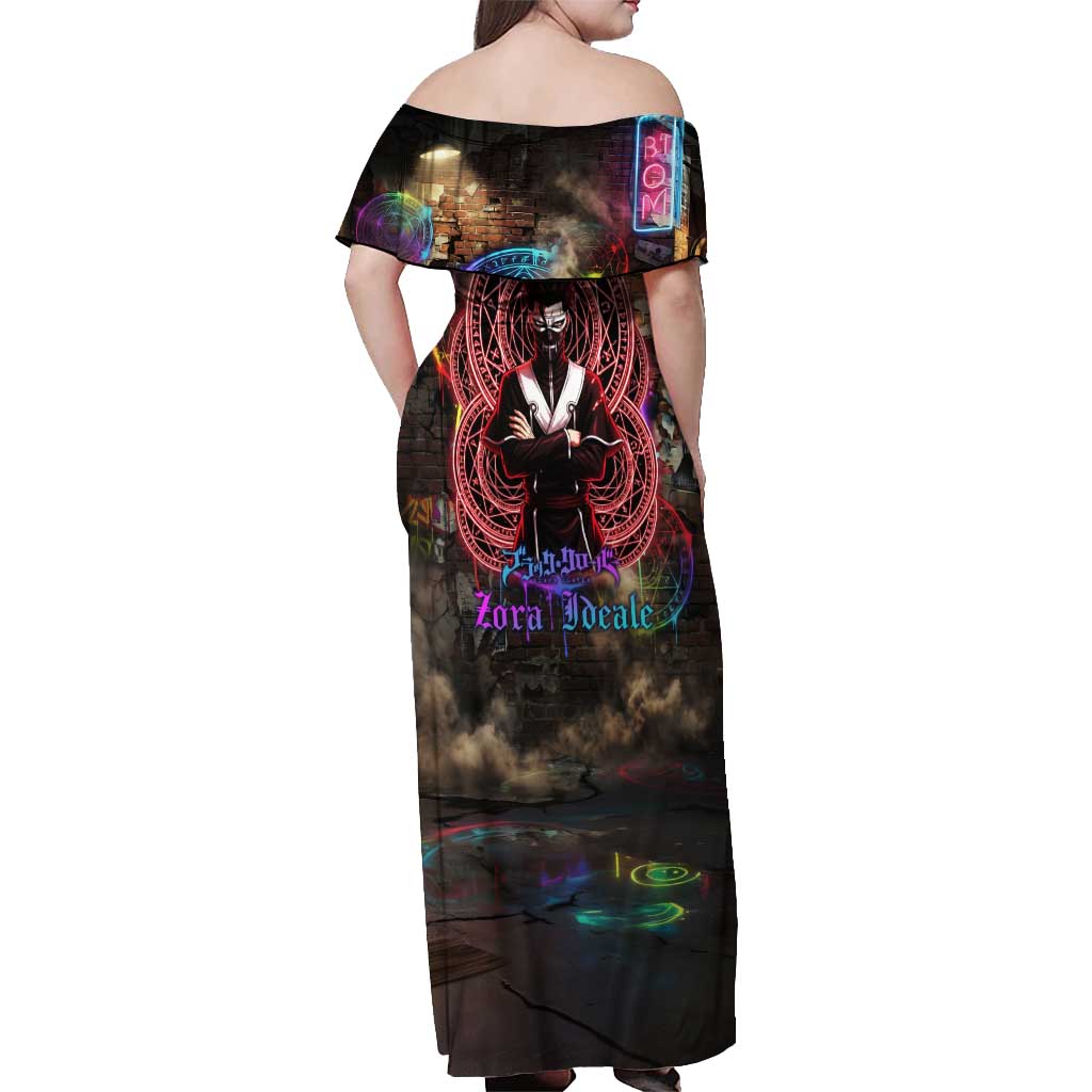 Zara Ideale Black Clover Off Shoulder Maxi Dress Graffiti Magic Circle Style with Urban Grunge Aesthetic