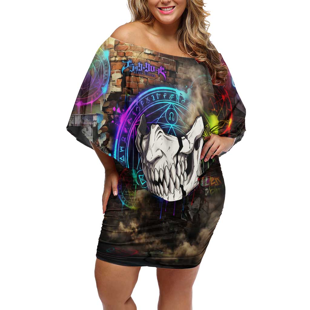 Zara Ideale Black Clover Off Shoulder Short Dress Graffiti Magic Circle Style with Urban Grunge Aesthetic