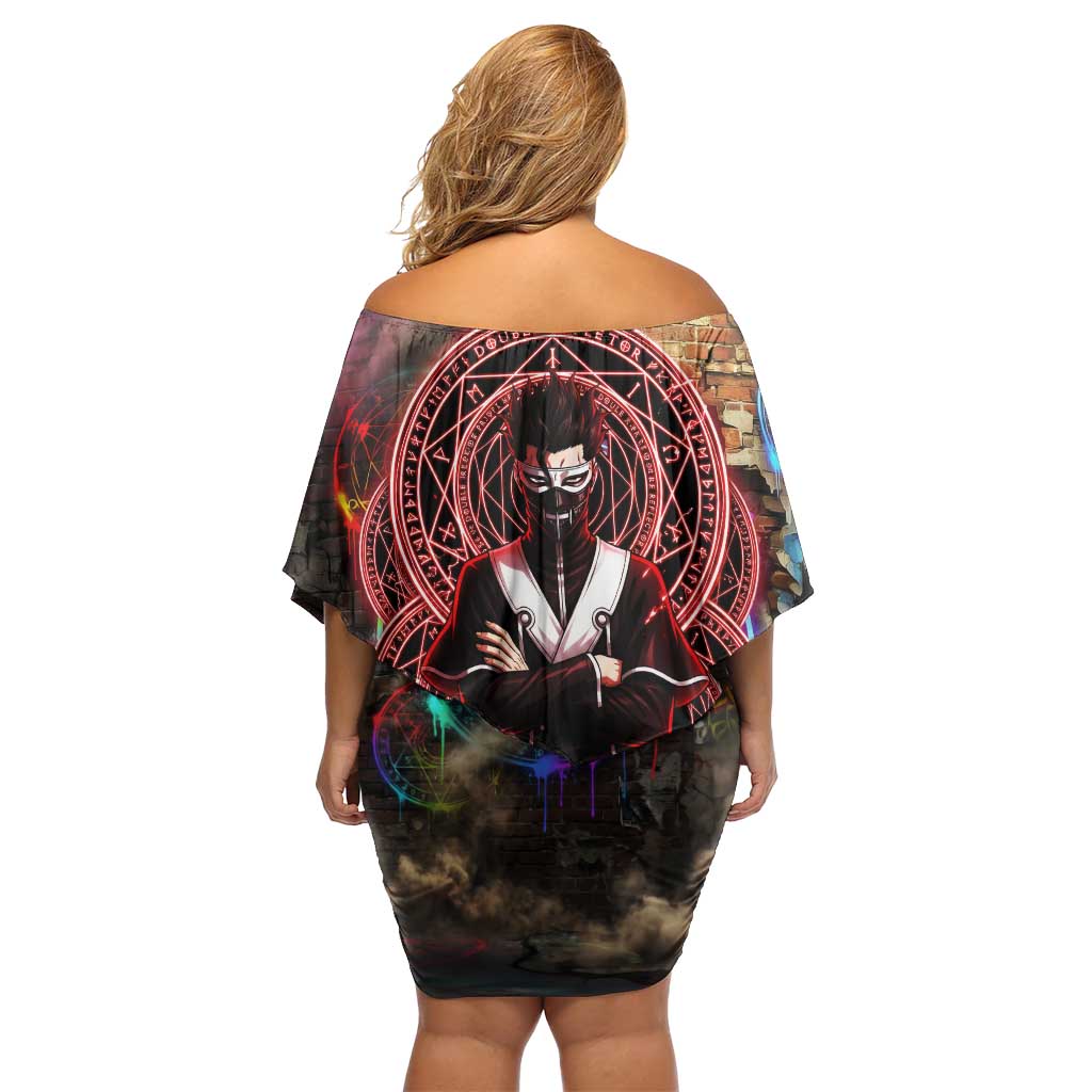 Zara Ideale Black Clover Off Shoulder Short Dress Graffiti Magic Circle Style with Urban Grunge Aesthetic