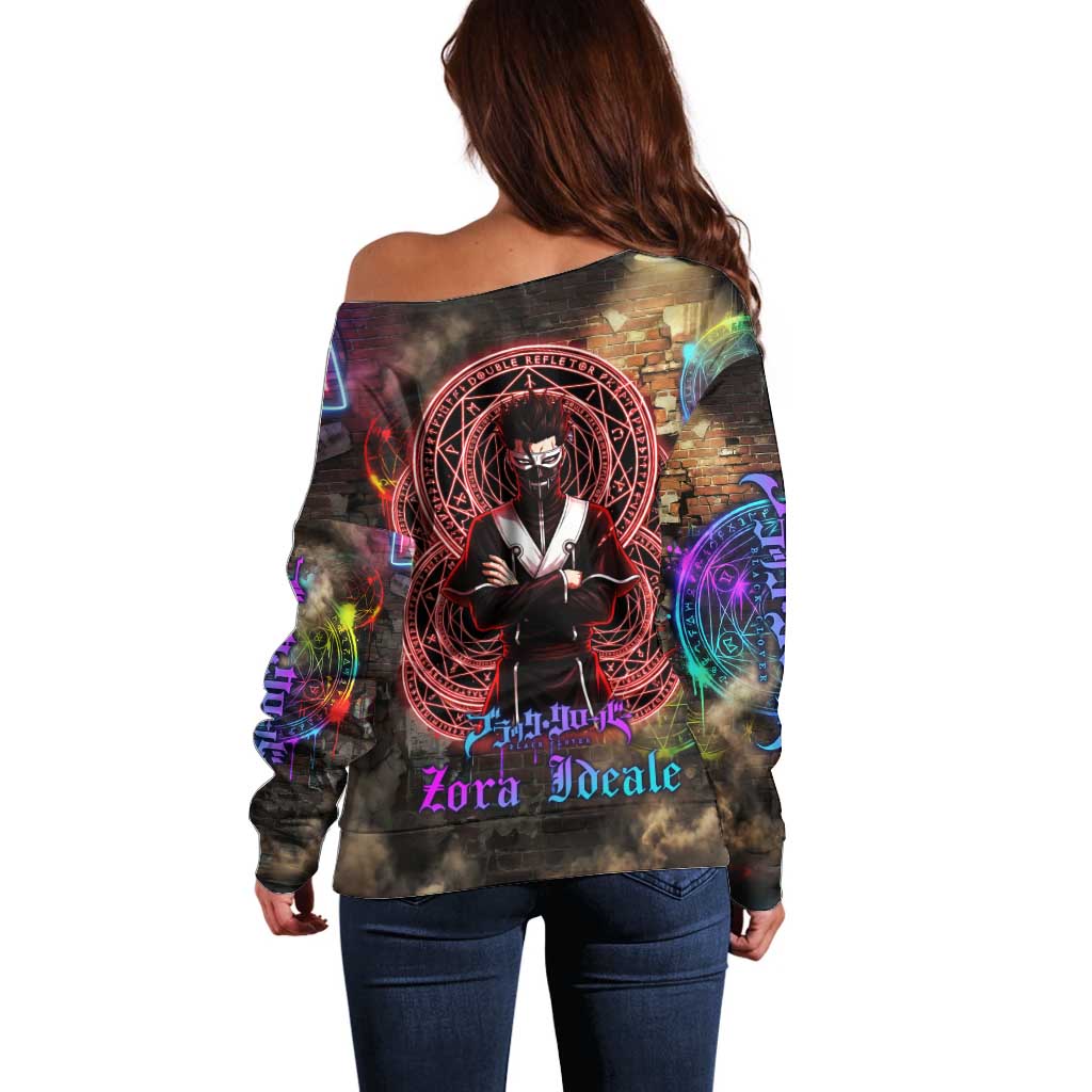 Zara Ideale Black Clover Off Shoulder Sweater Graffiti Magic Circle Style with Urban Grunge Aesthetic