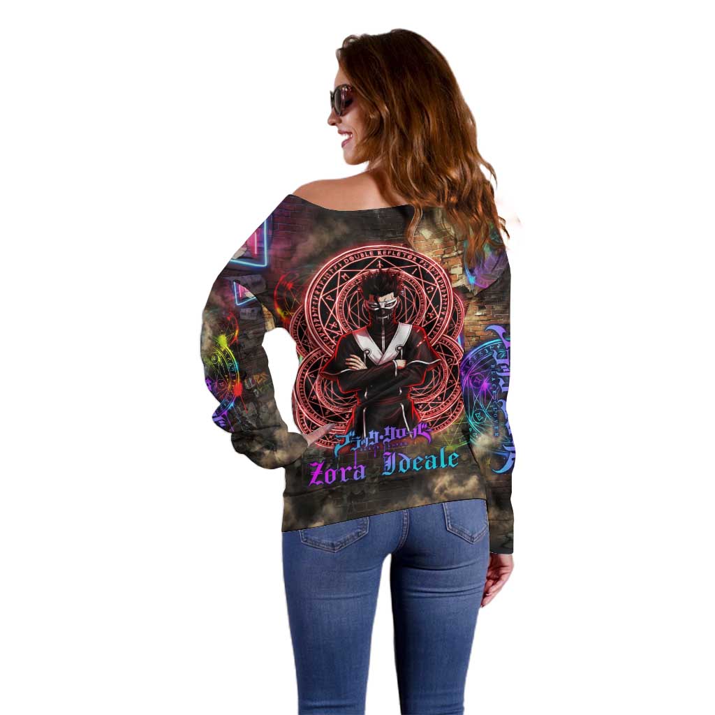 Zara Ideale Black Clover Off Shoulder Sweater Graffiti Magic Circle Style with Urban Grunge Aesthetic