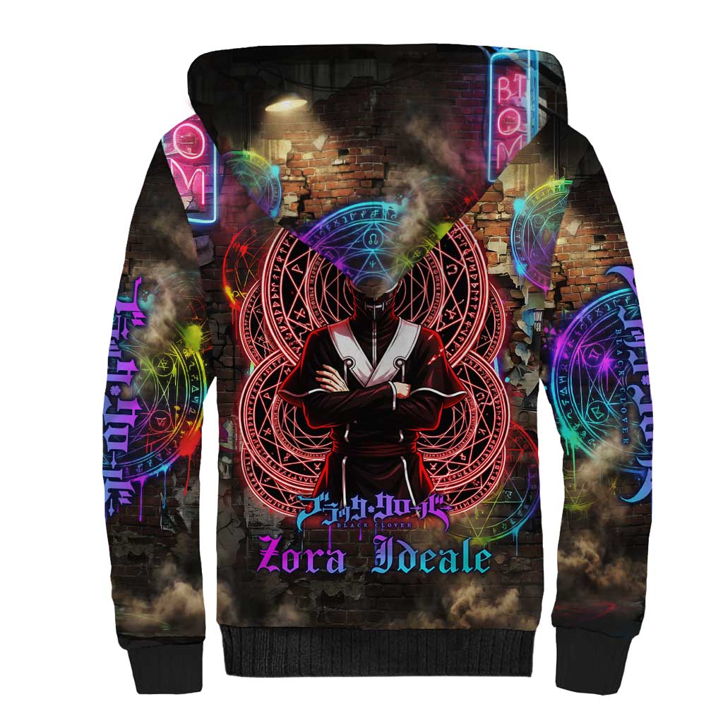 Zara Ideale Black Clover Sherpa Hoodie Graffiti Magic Circle Style with Urban Grunge Aesthetic