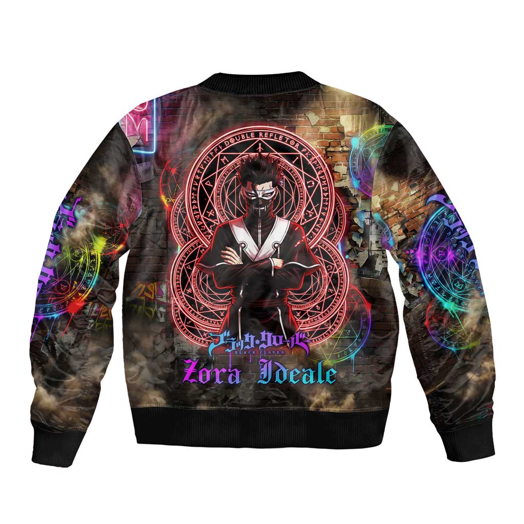 Zara Ideale Black Clover Sleeve Zip Bomber Jacket Graffiti Magic Circle Style with Urban Grunge Aesthetic