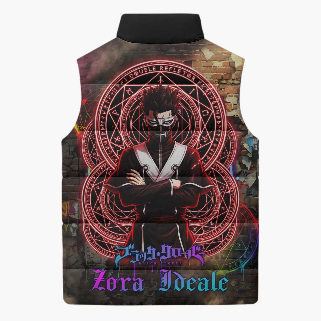 Zara Ideale Black Clover Sleeveless Puffer Jacket Graffiti Magic Circle Style with Urban Grunge Aesthetic