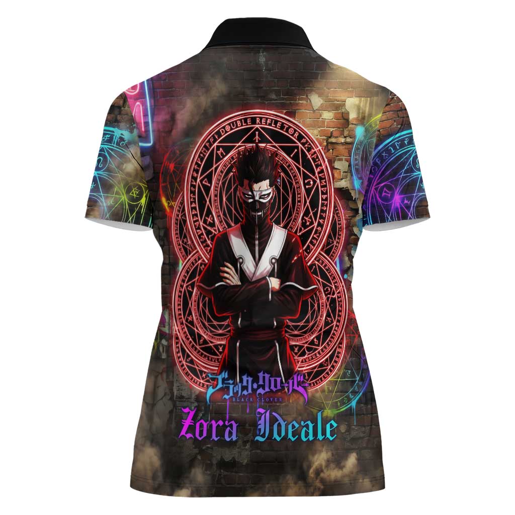 Zara Ideale Black Clover Women Polo Shirt Graffiti Magic Circle Style with Urban Grunge Aesthetic
