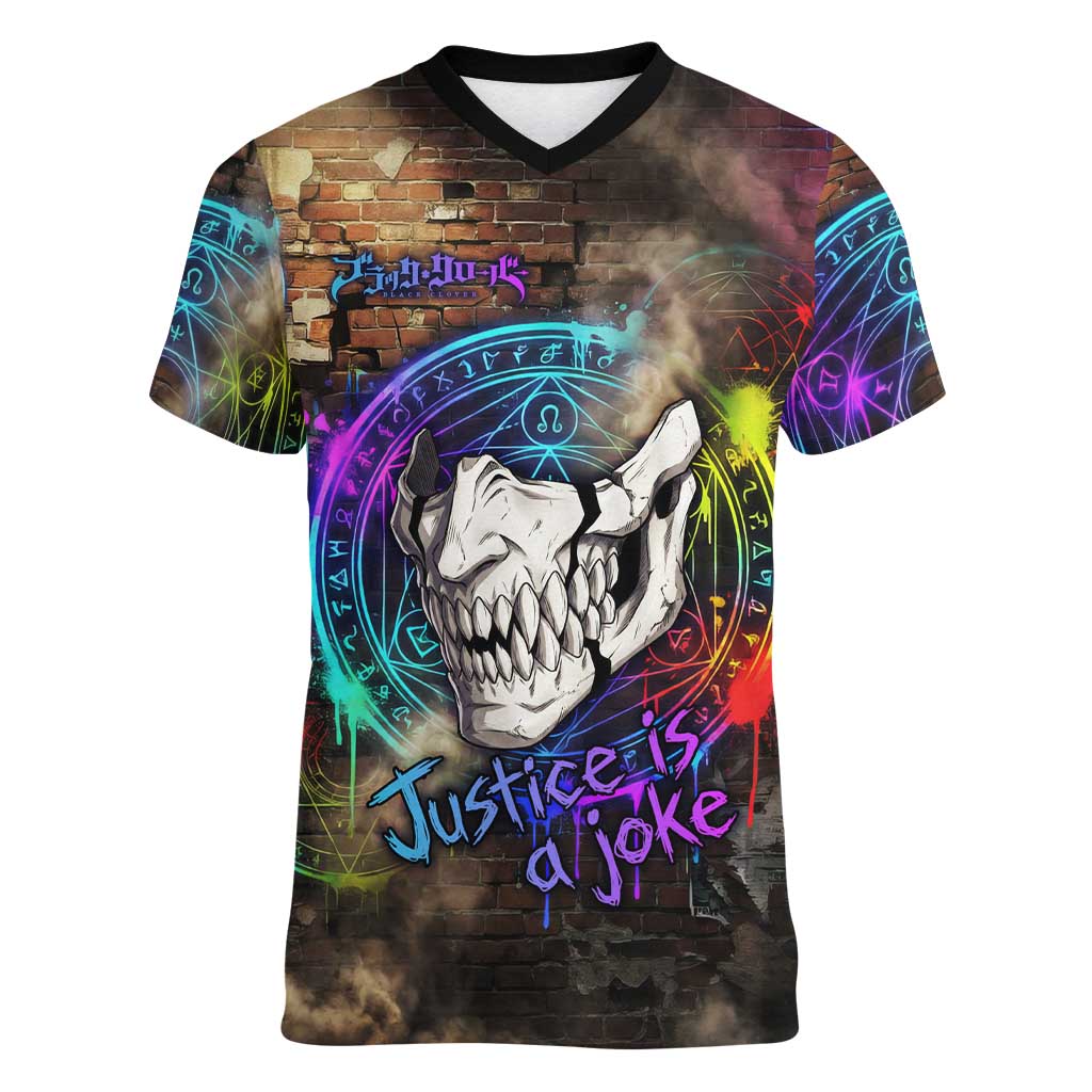 Zara Ideale Black Clover Women V-Neck T-Shirt Graffiti Magic Circle Style with Urban Grunge Aesthetic