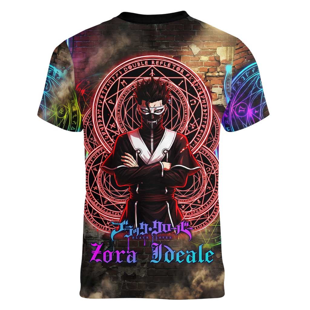 Zara Ideale Black Clover Women V-Neck T-Shirt Graffiti Magic Circle Style with Urban Grunge Aesthetic