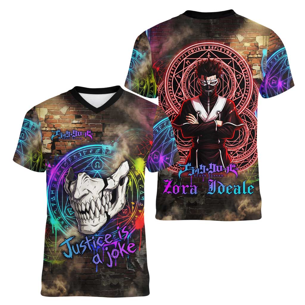 Zara Ideale Black Clover Women V-Neck T-Shirt Graffiti Magic Circle Style with Urban Grunge Aesthetic