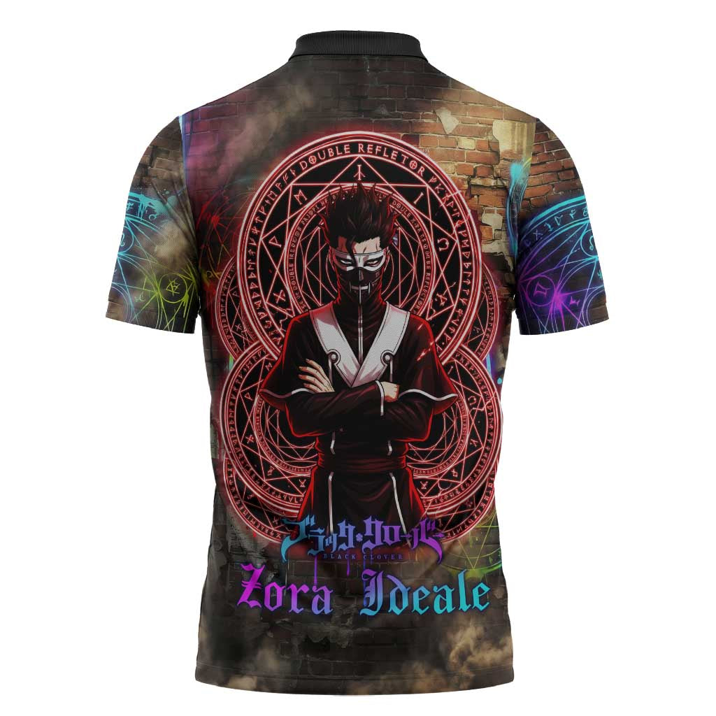 Zara Ideale Black Clover Zipper Polo Shirt Graffiti Magic Circle Style with Urban Grunge Aesthetic
