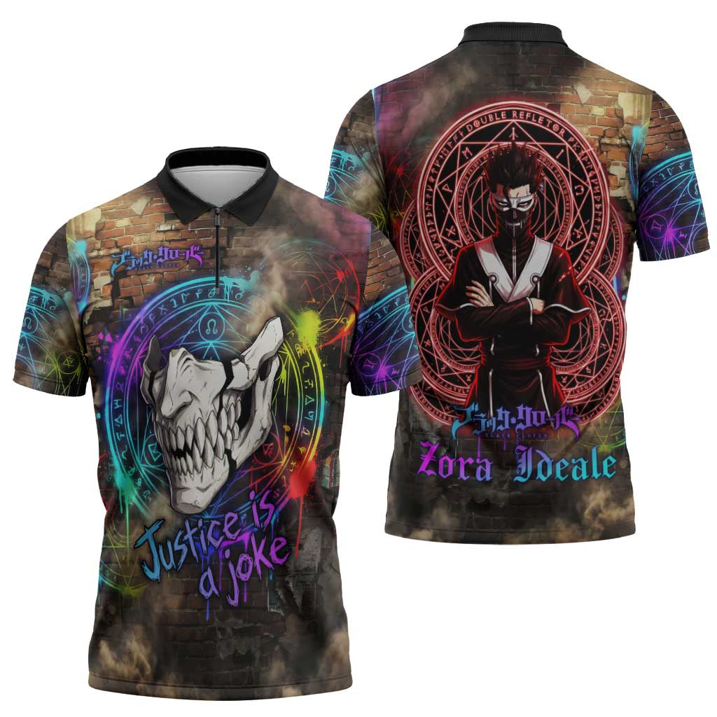 Zara Ideale Black Clover Zipper Polo Shirt Graffiti Magic Circle Style with Urban Grunge Aesthetic