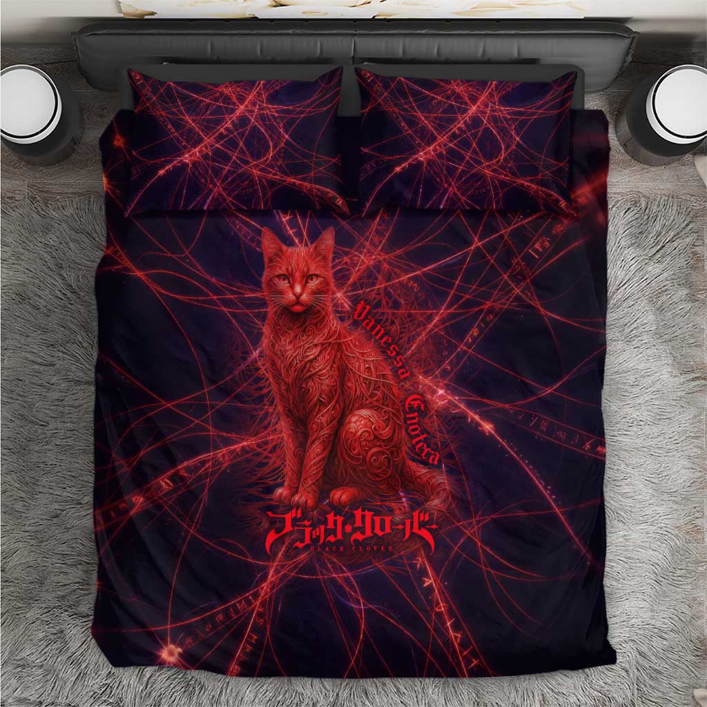 Vanessa Enoteca Black Clover Bedding Set Arcane Thread Magic Style with Mystic Red Cat Motif