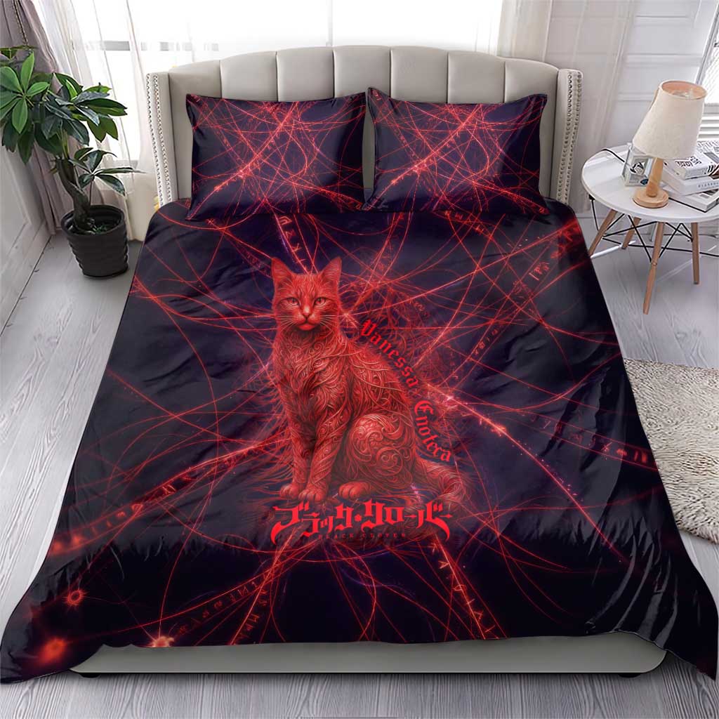 Vanessa Enoteca Black Clover Bedding Set Arcane Thread Magic Style with Mystic Red Cat Motif
