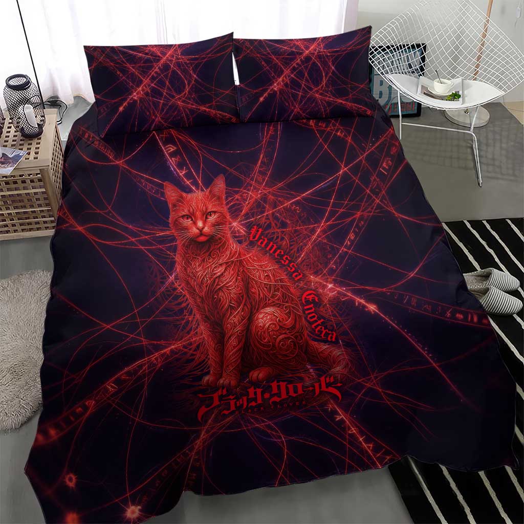 Vanessa Enoteca Black Clover Bedding Set Arcane Thread Magic Style with Mystic Red Cat Motif