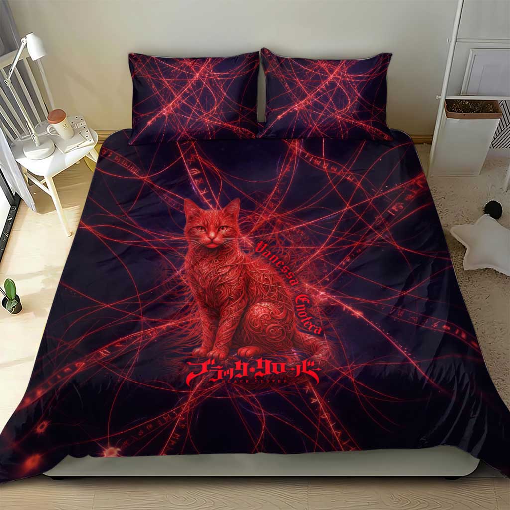 Vanessa Enoteca Black Clover Bedding Set Arcane Thread Magic Style with Mystic Red Cat Motif