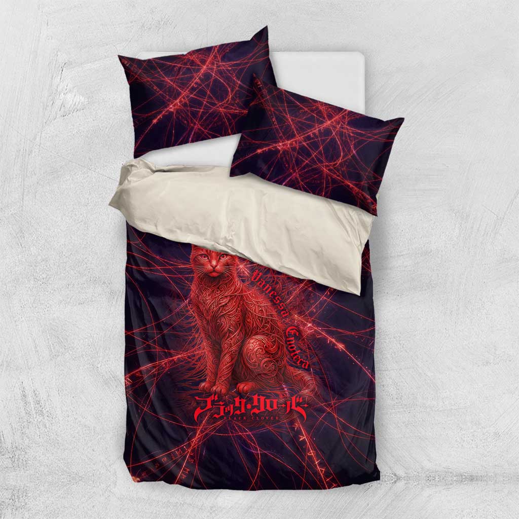Vanessa Enoteca Black Clover Bedding Set Arcane Thread Magic Style with Mystic Red Cat Motif