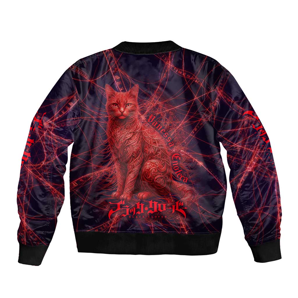 Vanessa Enoteca Black Clover Bomber Jacket Arcane Thread Magic Style with Mystic Red Cat Motif