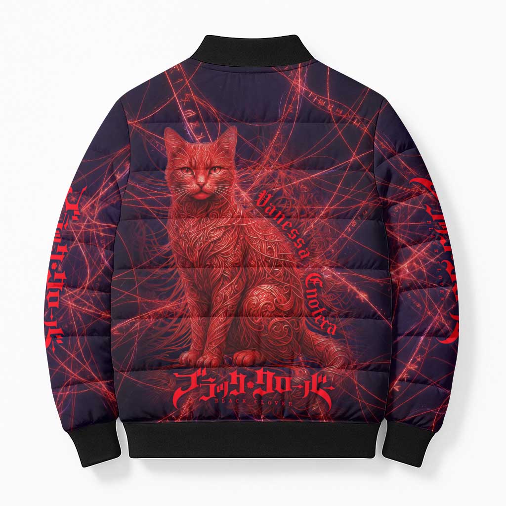 Vanessa Enoteca Black Clover Bomber Puffer Jacket Arcane Thread Magic Style with Mystic Red Cat Motif