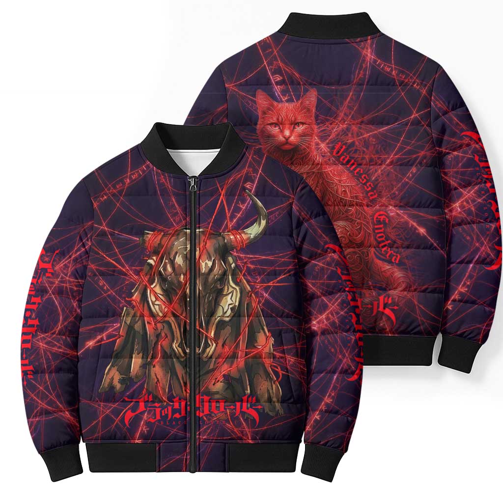 Vanessa Enoteca Black Clover Bomber Puffer Jacket Arcane Thread Magic Style with Mystic Red Cat Motif