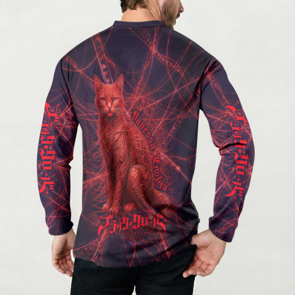 Vanessa Enoteca Black Clover Button Sweatshirt Arcane Thread Magic Style with Mystic Red Cat Motif