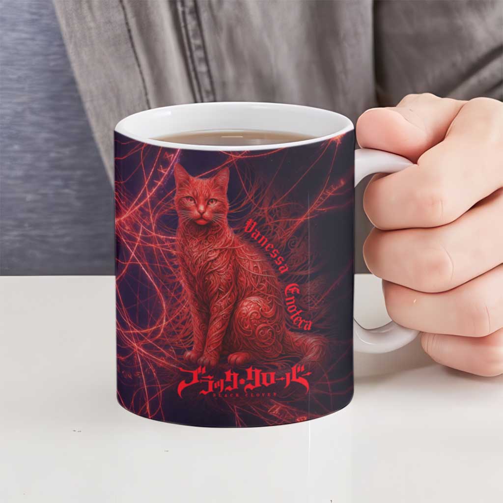 Vanessa Enoteca Black Clover Ceramic Mug Arcane Thread Magic Style with Mystic Red Cat Motif