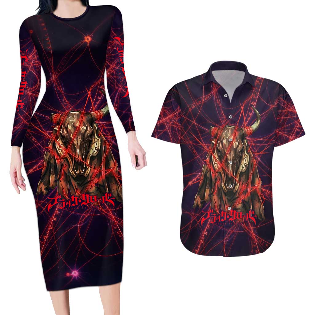 Vanessa Enoteca Black Clover Couples Matching Long Sleeve Bodycon Dress and Hawaiian Shirt Arcane Thread Magic Style with Mystic Red Cat Motif