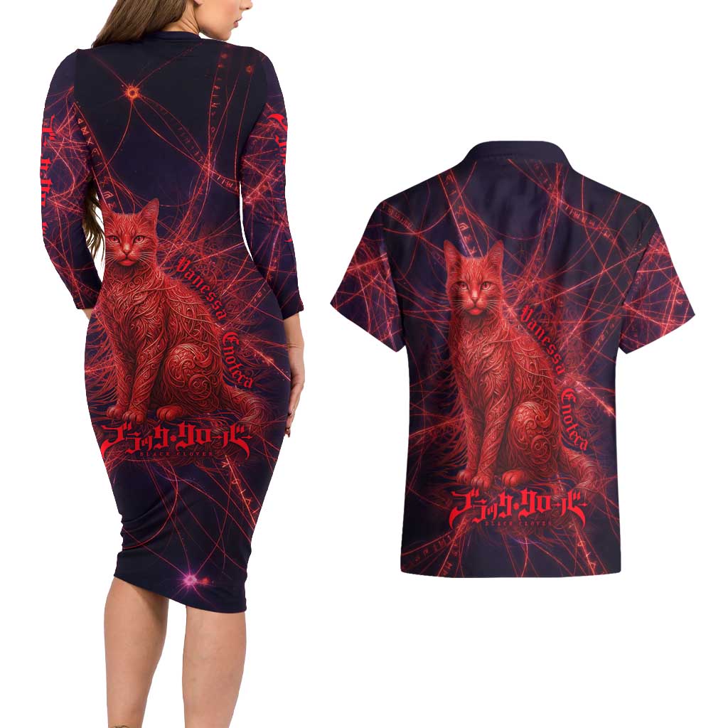 Vanessa Enoteca Black Clover Couples Matching Long Sleeve Bodycon Dress and Hawaiian Shirt Arcane Thread Magic Style with Mystic Red Cat Motif
