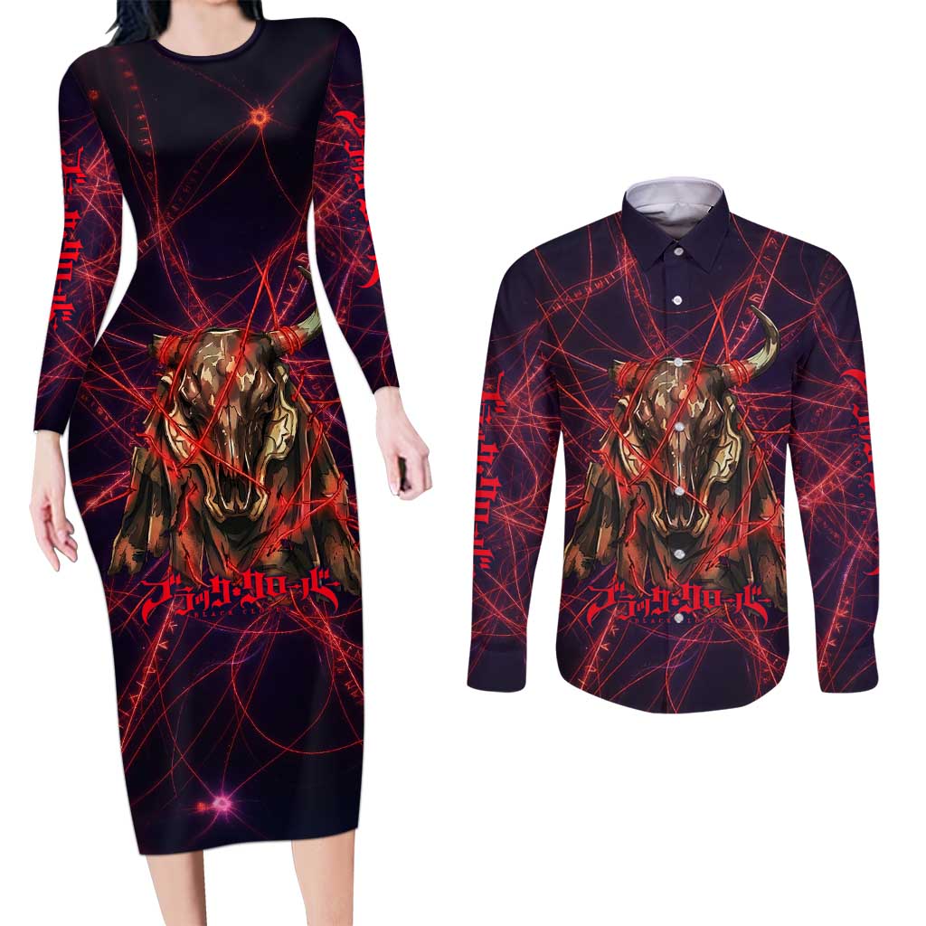 Vanessa Enoteca Black Clover Couples Matching Long Sleeve Bodycon Dress and Long Sleeve Button Shirt Arcane Thread Magic Style with Mystic Red Cat Motif