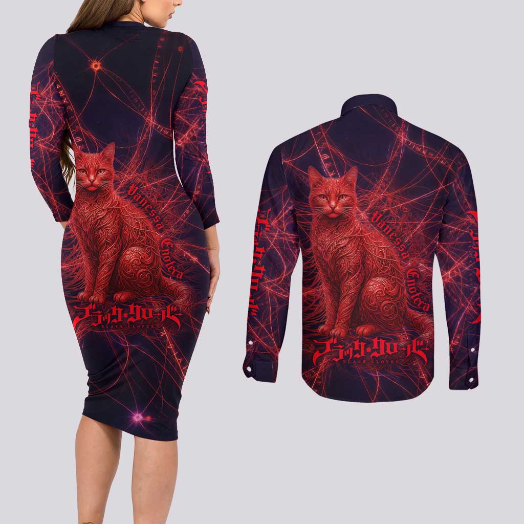 Vanessa Enoteca Black Clover Couples Matching Long Sleeve Bodycon Dress and Long Sleeve Button Shirt Arcane Thread Magic Style with Mystic Red Cat Motif