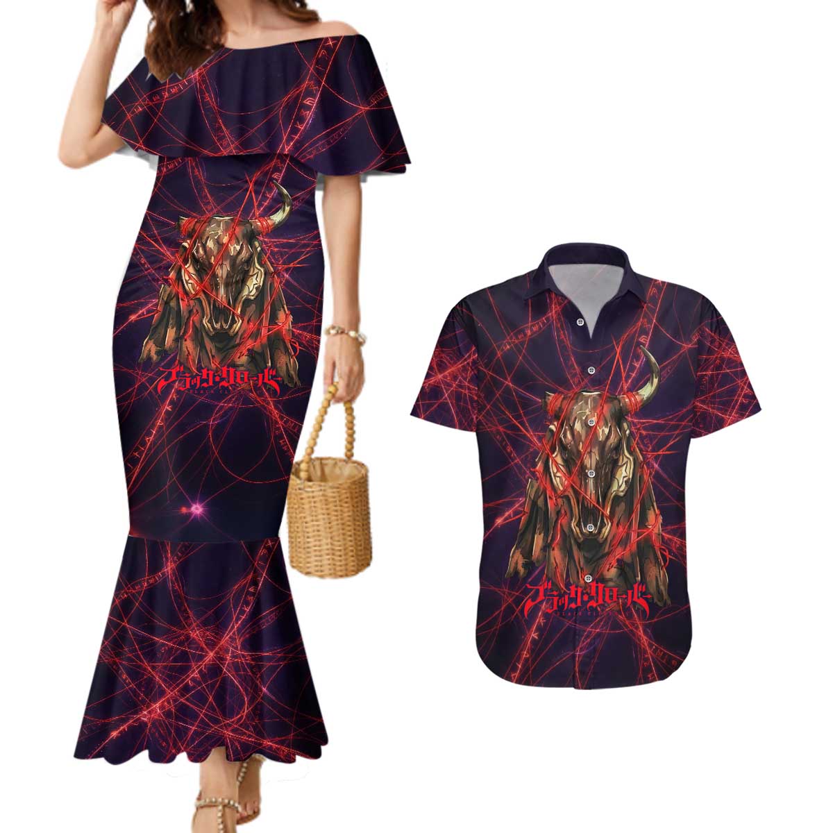 Vanessa Enoteca Black Clover Couples Matching Mermaid Dress and Hawaiian Shirt Arcane Thread Magic Style with Mystic Red Cat Motif
