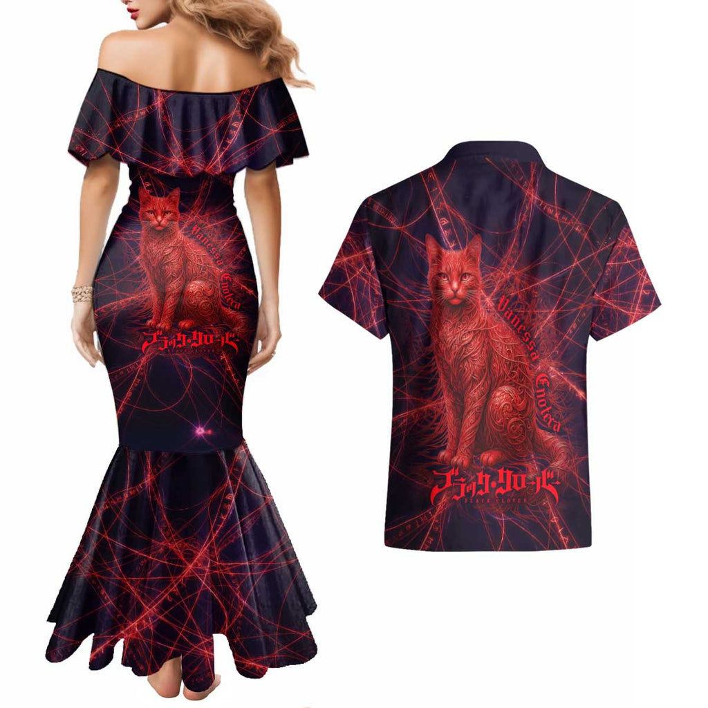 Vanessa Enoteca Black Clover Couples Matching Mermaid Dress and Hawaiian Shirt Arcane Thread Magic Style with Mystic Red Cat Motif