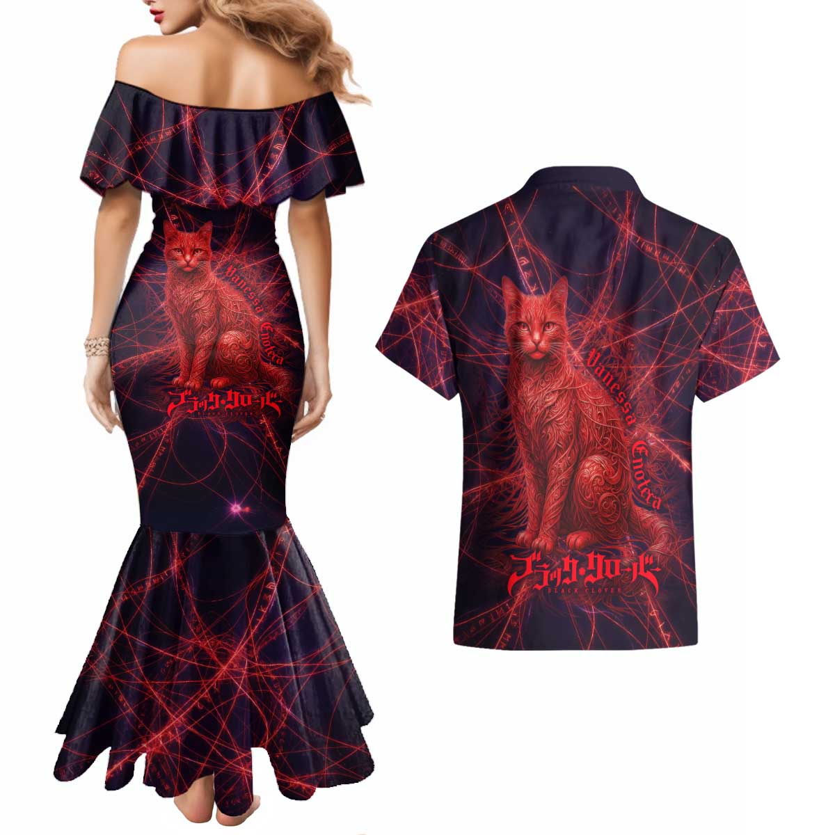 Vanessa Enoteca Black Clover Couples Matching Mermaid Dress and Hawaiian Shirt Arcane Thread Magic Style with Mystic Red Cat Motif