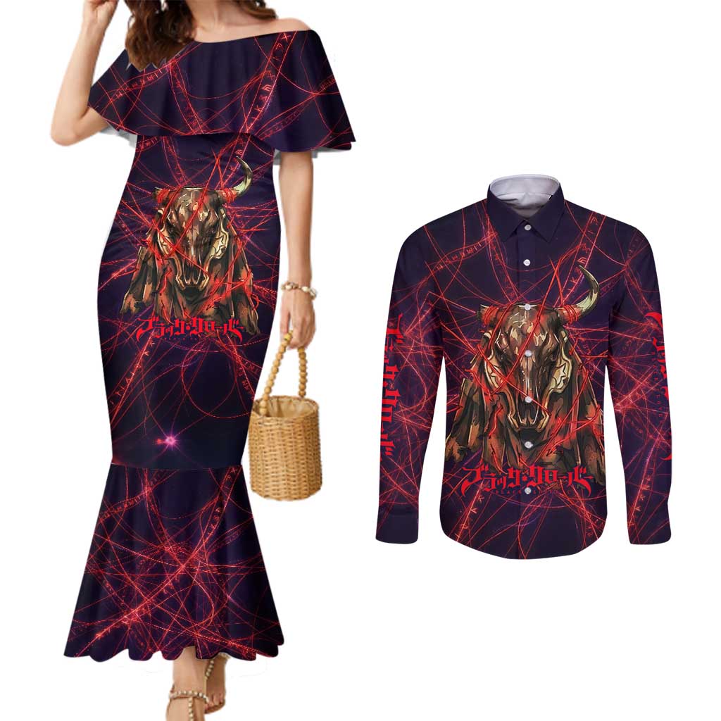 Vanessa Enoteca Black Clover Couples Matching Mermaid Dress and Long Sleeve Button Shirt Arcane Thread Magic Style with Mystic Red Cat Motif