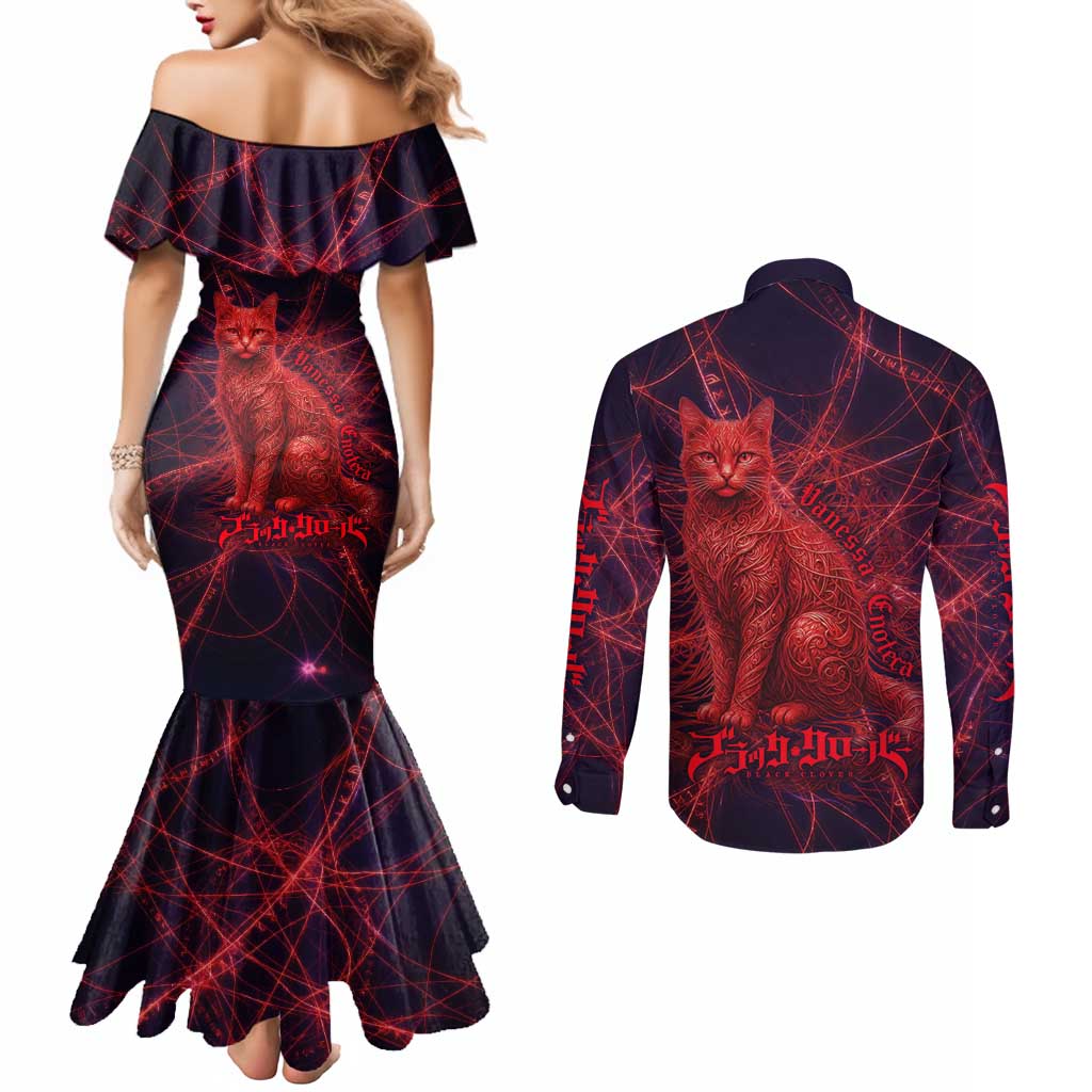 Vanessa Enoteca Black Clover Couples Matching Mermaid Dress and Long Sleeve Button Shirt Arcane Thread Magic Style with Mystic Red Cat Motif