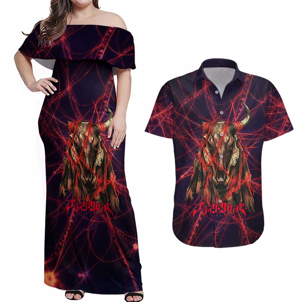 Vanessa Enoteca Black Clover Couples Matching Off Shoulder Maxi Dress and Hawaiian Shirt Arcane Thread Magic Style with Mystic Red Cat Motif