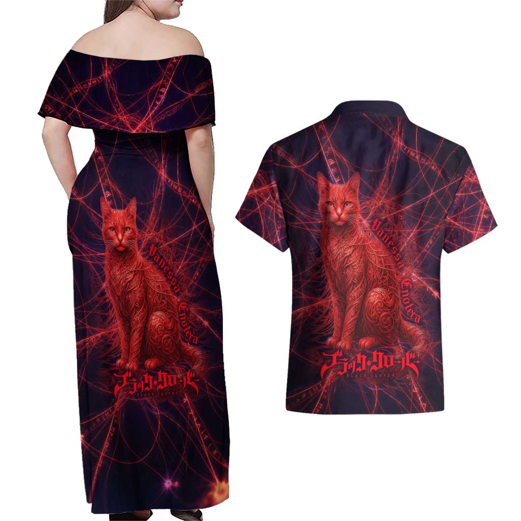 Vanessa Enoteca Black Clover Couples Matching Off Shoulder Maxi Dress and Hawaiian Shirt Arcane Thread Magic Style with Mystic Red Cat Motif