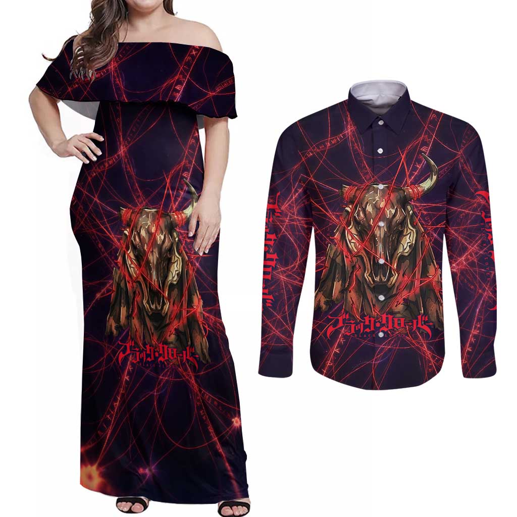 Vanessa Enoteca Black Clover Couples Matching Off Shoulder Maxi Dress and Long Sleeve Button Shirt Arcane Thread Magic Style with Mystic Red Cat Motif