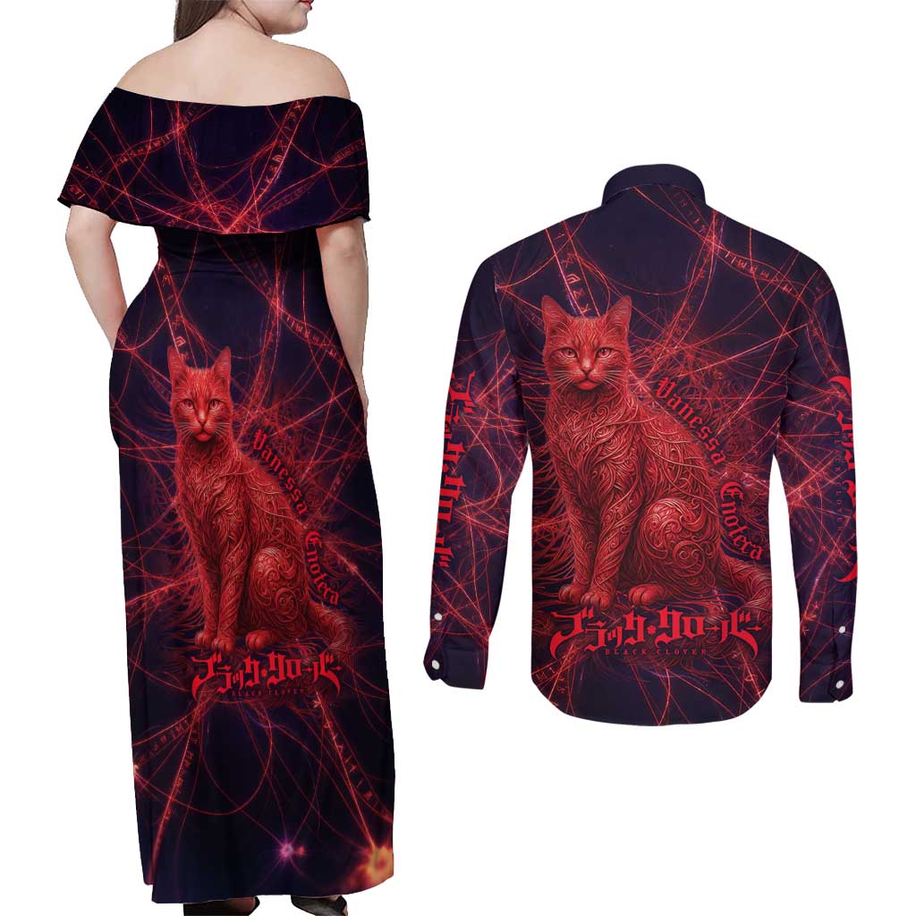 Vanessa Enoteca Black Clover Couples Matching Off Shoulder Maxi Dress and Long Sleeve Button Shirt Arcane Thread Magic Style with Mystic Red Cat Motif