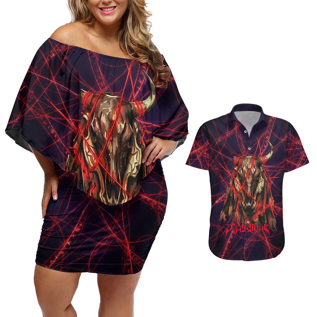 Vanessa Enoteca Black Clover Couples Matching Off Shoulder Short Dress and Hawaiian Shirt Arcane Thread Magic Style with Mystic Red Cat Motif