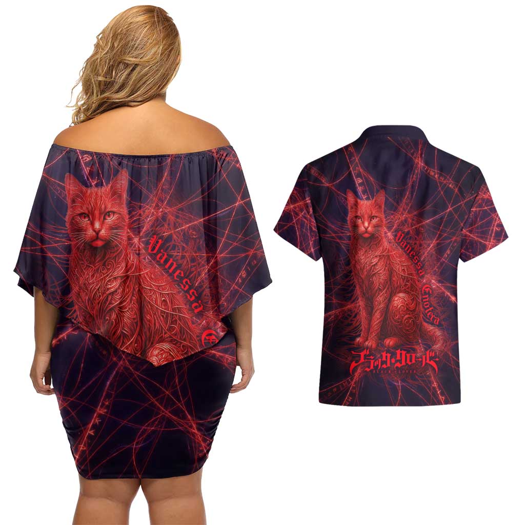 Vanessa Enoteca Black Clover Couples Matching Off Shoulder Short Dress and Hawaiian Shirt Arcane Thread Magic Style with Mystic Red Cat Motif