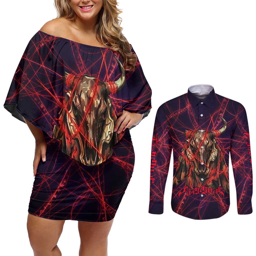 Vanessa Enoteca Black Clover Couples Matching Off Shoulder Short Dress and Long Sleeve Button Shirt Arcane Thread Magic Style with Mystic Red Cat Motif