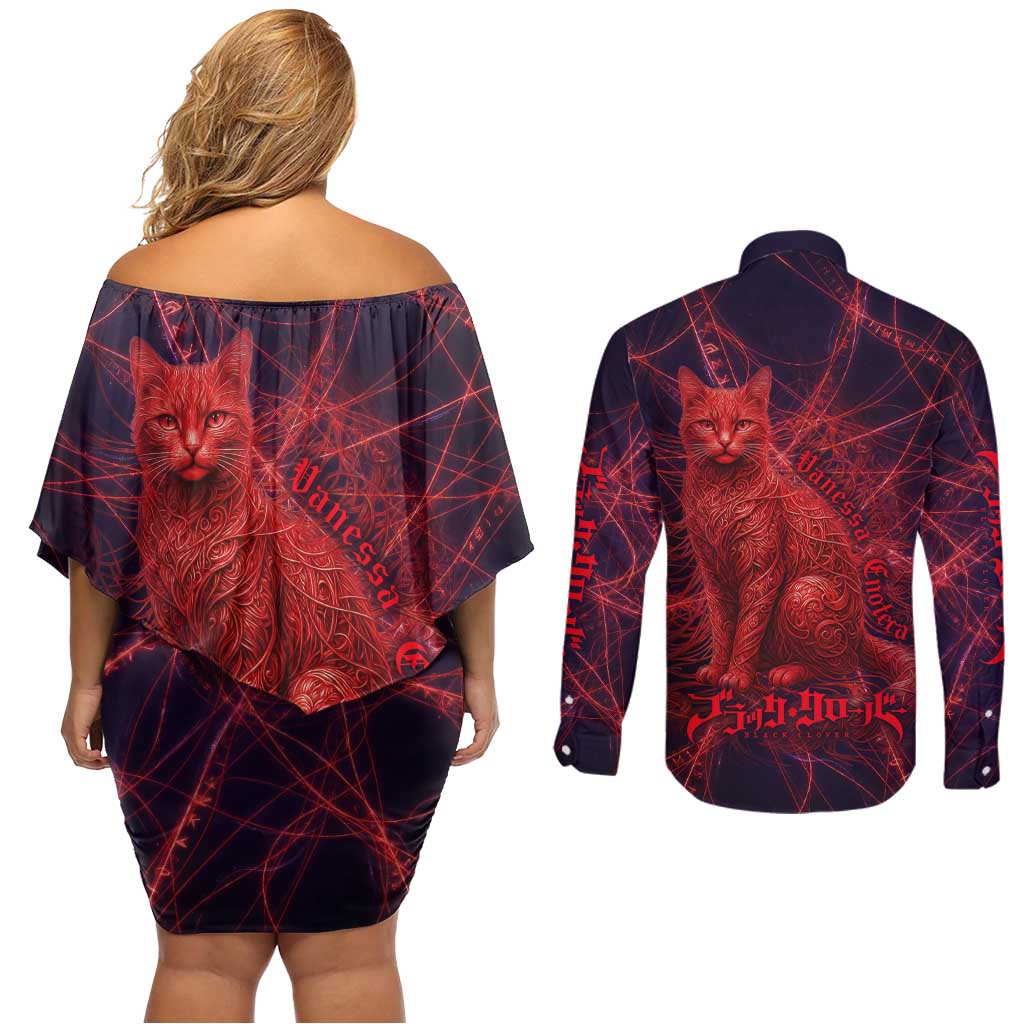 Vanessa Enoteca Black Clover Couples Matching Off Shoulder Short Dress and Long Sleeve Button Shirt Arcane Thread Magic Style with Mystic Red Cat Motif