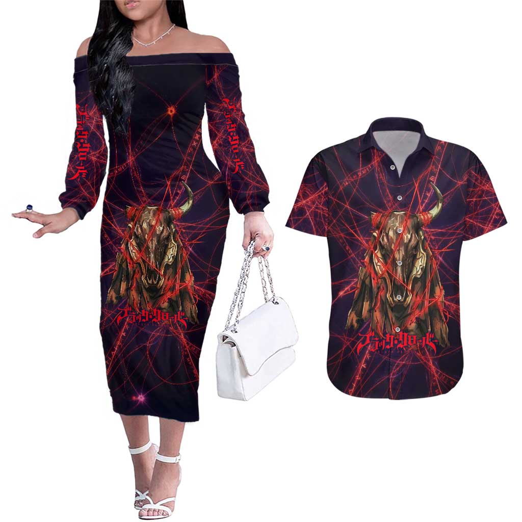 Vanessa Enoteca Black Clover Couples Matching Off The Shoulder Long Sleeve Dress and Hawaiian Shirt Arcane Thread Magic Style with Mystic Red Cat Motif