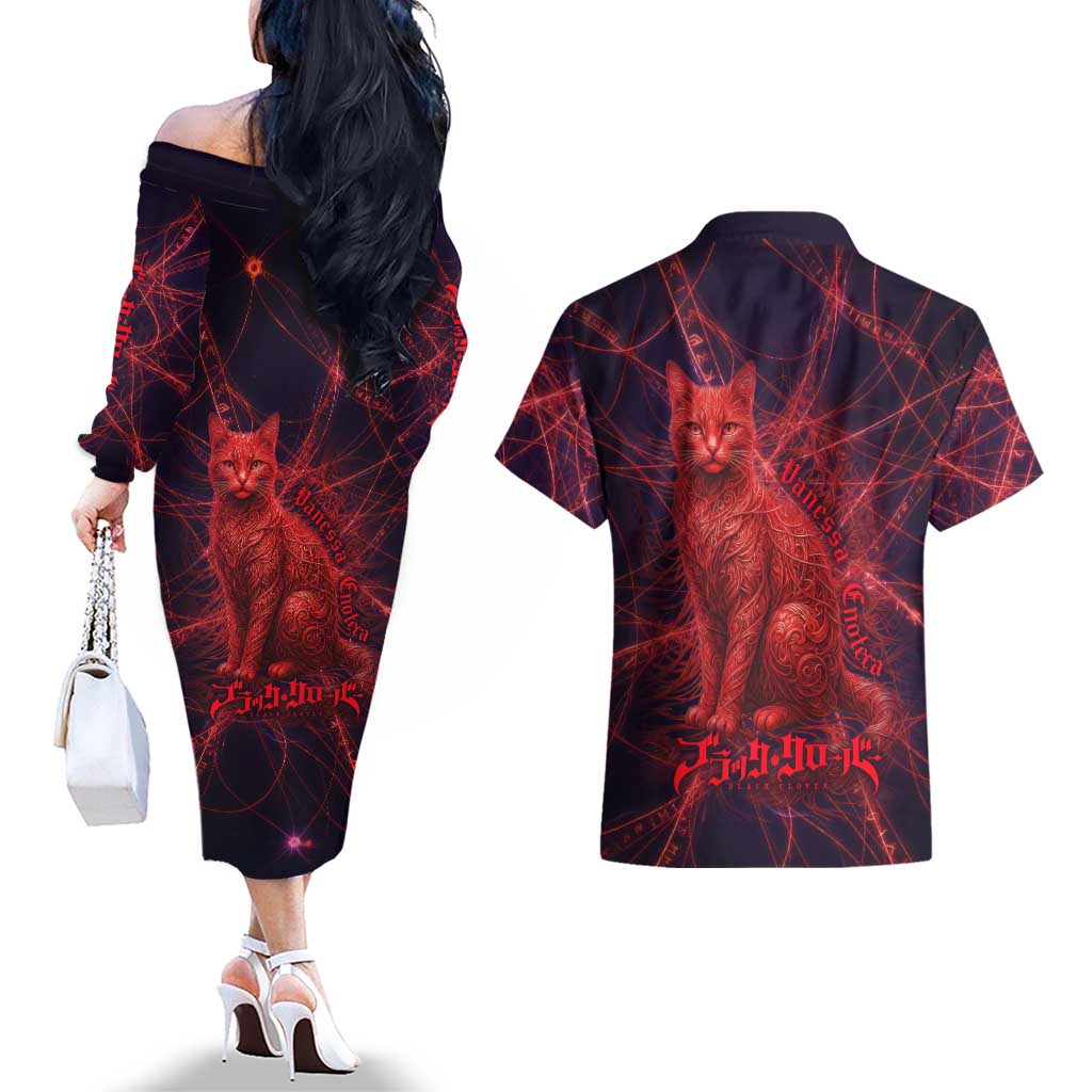 Vanessa Enoteca Black Clover Couples Matching Off The Shoulder Long Sleeve Dress and Hawaiian Shirt Arcane Thread Magic Style with Mystic Red Cat Motif