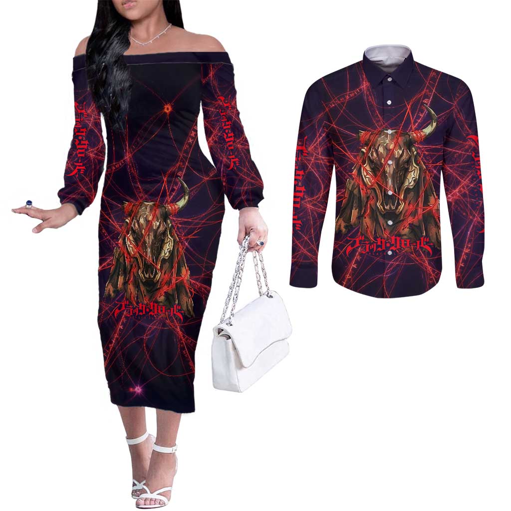 Vanessa Enoteca Black Clover Couples Matching Off The Shoulder Long Sleeve Dress and Long Sleeve Button Shirt Arcane Thread Magic Style with Mystic Red Cat Motif